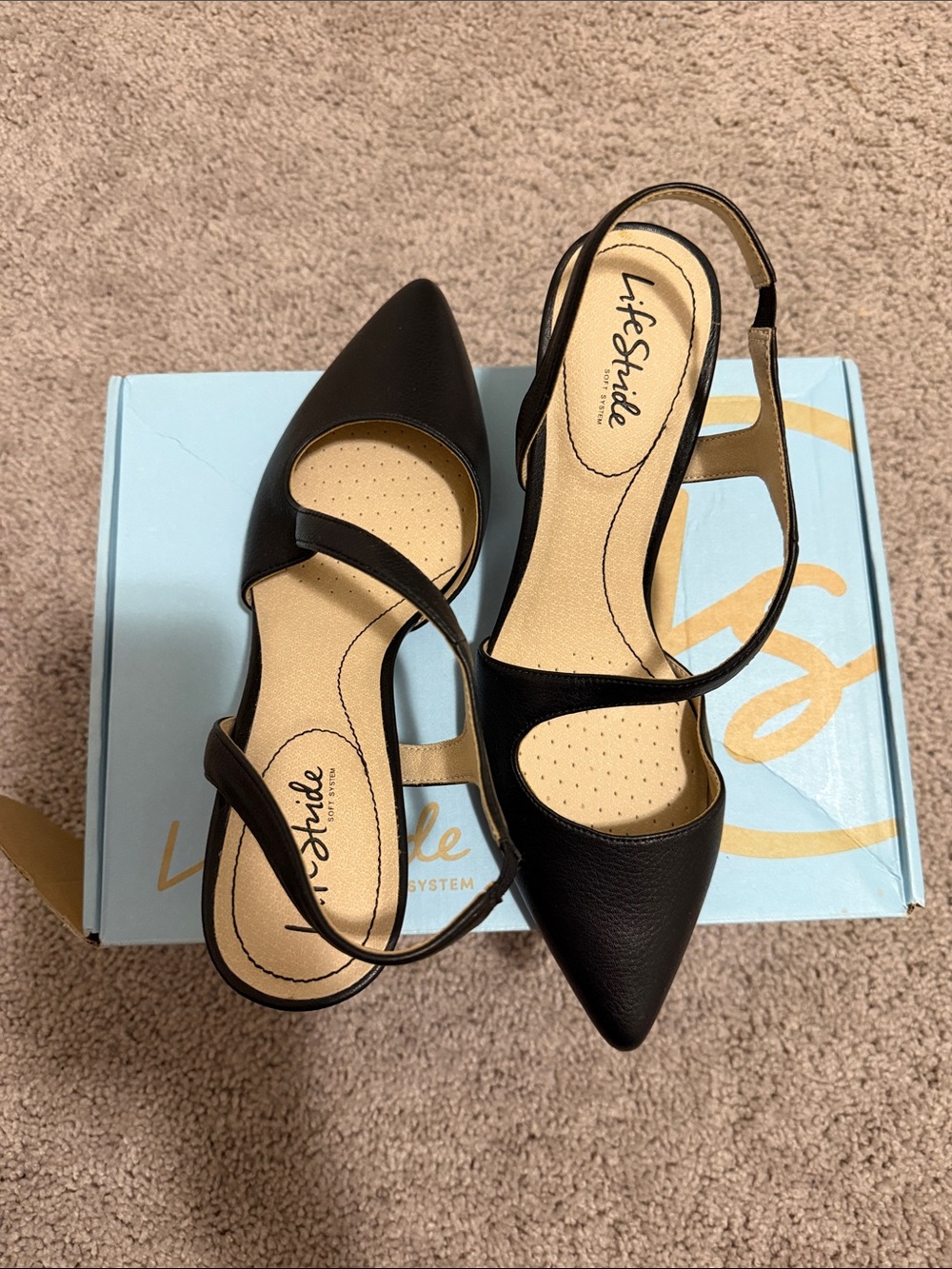 Life Stride Black Pointed Slingback Flats with Cross Strap